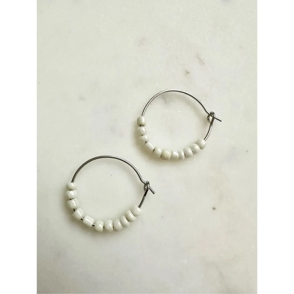 White petit beaded hoop earrings
